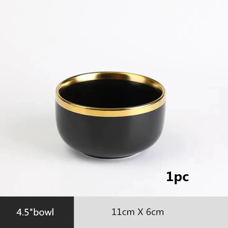 Showlu black porcelain dinner plates with gilt rim, part of ceramic tableware set for serving food like rice, salads, and noodles.