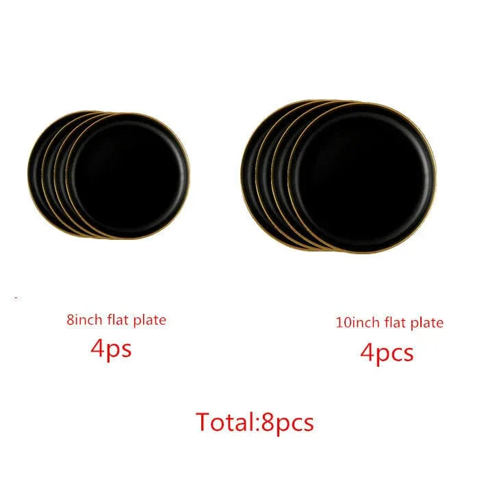 Showlu Black Porcelain Dinner Plates with Gilt Rim, ceramic tableware set for serving salads, rice, noodles, and meals.