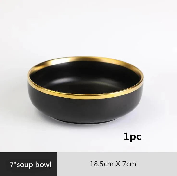 Showlu black porcelain dinner plates with gilt rim, part of ceramic tableware set, ideal for salads, rice, noodles, and food presentation.