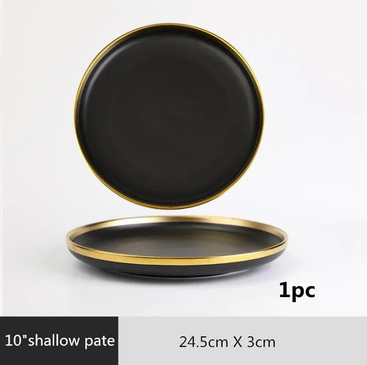 Showlu Black Porcelain Dinner Plates with gilt rim, ceramic tableware set for salads, rice, and noodles, includes cutlery and food tray