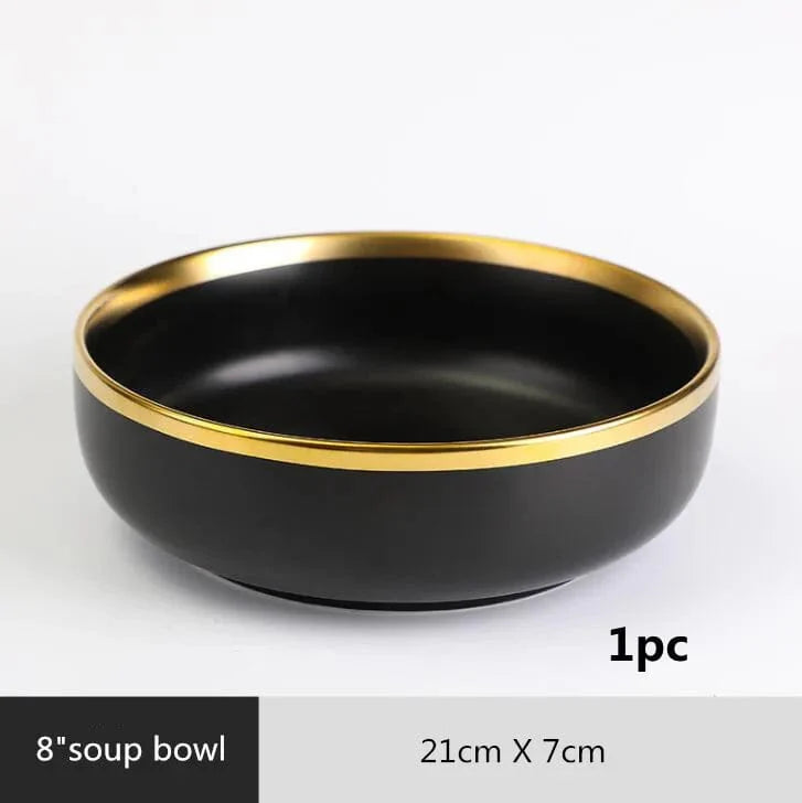 Black porcelain dinner plates with gold rim from Showlu Fashion Store, set includes ceramic tableware for meals and serving.