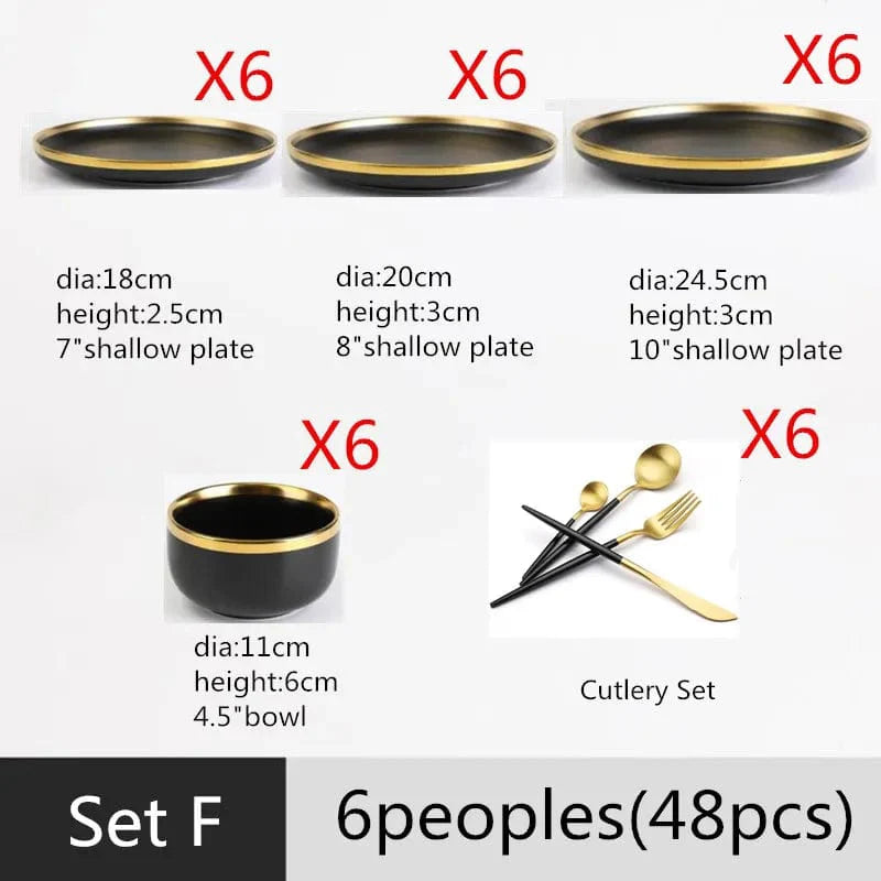 Black porcelain dinner plates with gold rim from Showlu, part of a ceramic tableware set for food and salad serving.