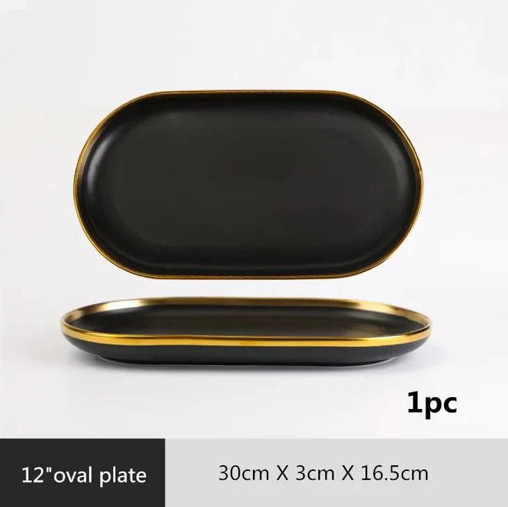 Showlu Black Porcelain Dinner Plates with Gilt Rim, ceramic tableware set for meals, salads, rice, and noodles.