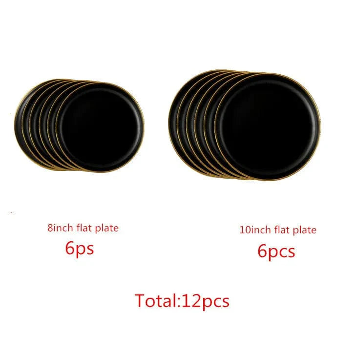 Showlu Black Porcelain Dinner Plates with Gilt Rim, ceramic tableware set for serving food, salads, rice, and noodles.