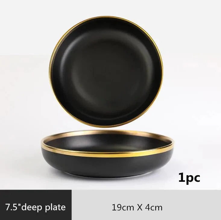 Black porcelain dinner plates with a gold rim from Showlu Fashion Store, perfect for serving rice, salads, and noodles in style.