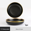 Black porcelain dinner plates with a gold rim from Showlu Fashion Store, perfect for serving rice, salads, and noodles in style.