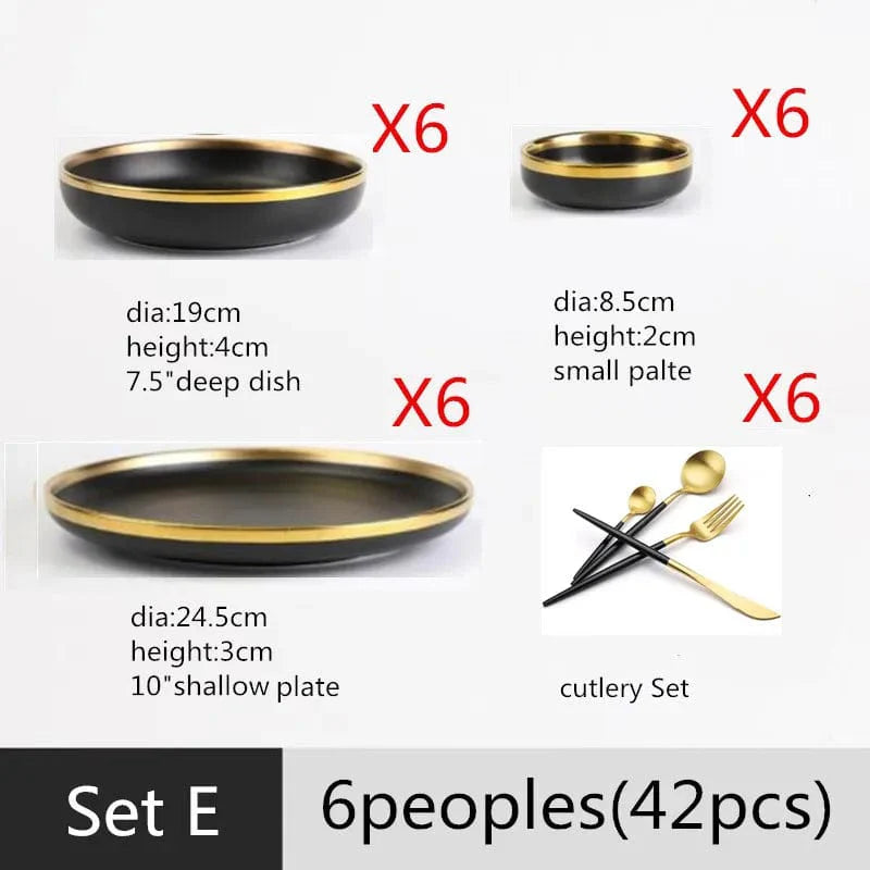Showlu black porcelain dinner plates with gilt rim, part of ceramic tableware set for serving food like rice, salads, and noodles.