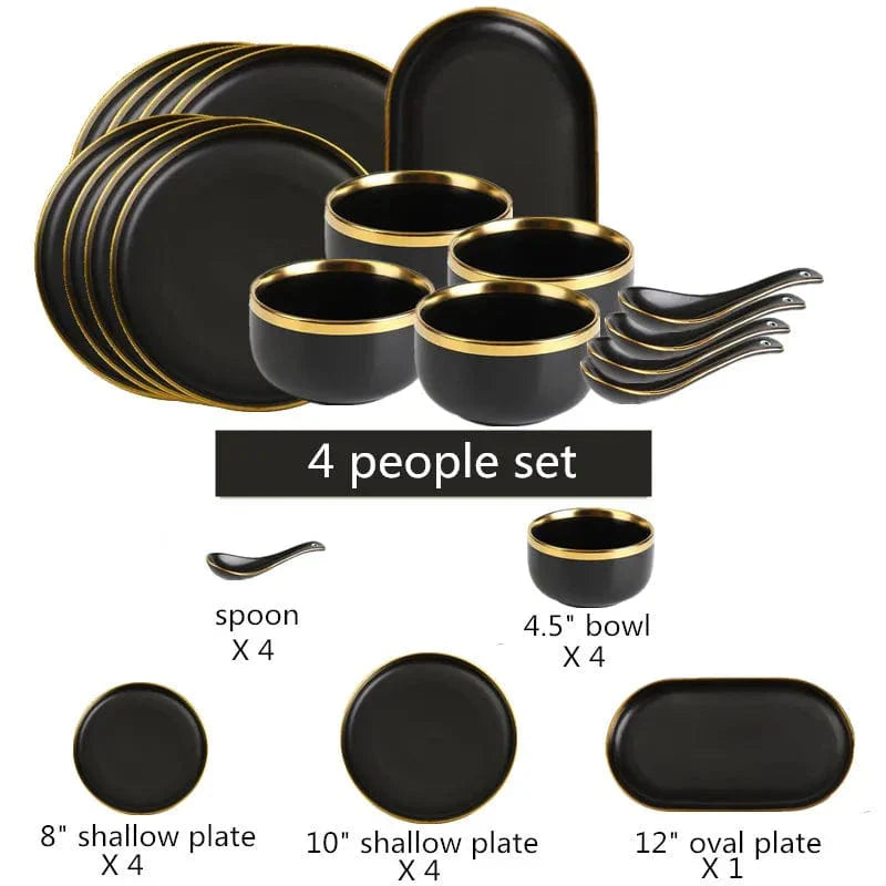 Showlu Black Porcelain Dinner Plates with Gilt Rim, set of ceramic tableware for salads, rice, and noodles, with cutlery included.