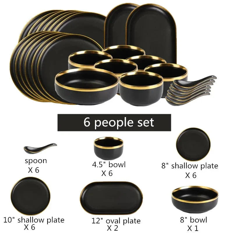 Showlu black porcelain dinner plates with gilt rim, part of ceramic tableware set for serving food like rice, salad, or noodles.