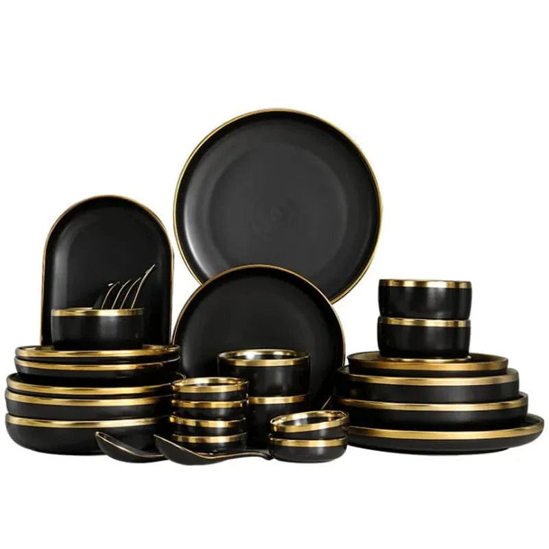 Showlu Black Porcelain Dinner Plates with Gilt Rim, ceramic tableware set for serving food, salads, rice, noodles, with cutlery.