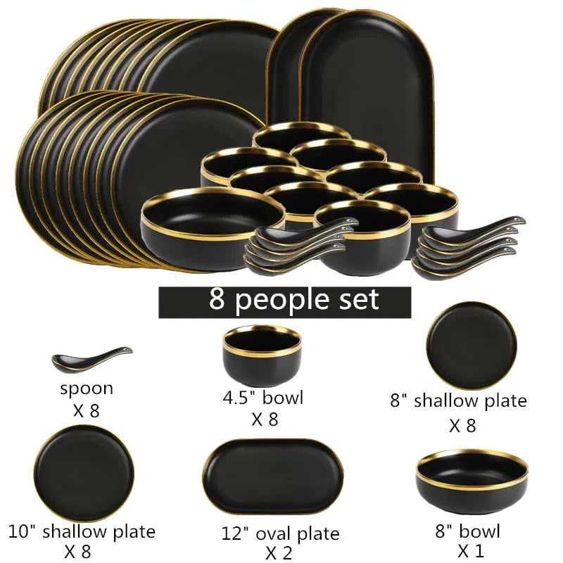 Black porcelain dinner plates with gilt rim from Showlu Fashion Store, set of ceramic tableware for meals and serving.