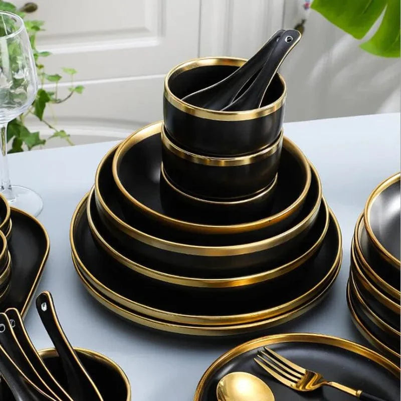 Showlu Black Porcelain Dinner Plates with gilt rim, part of ceramic tableware set for serving food like rice, salads, and noodles.
