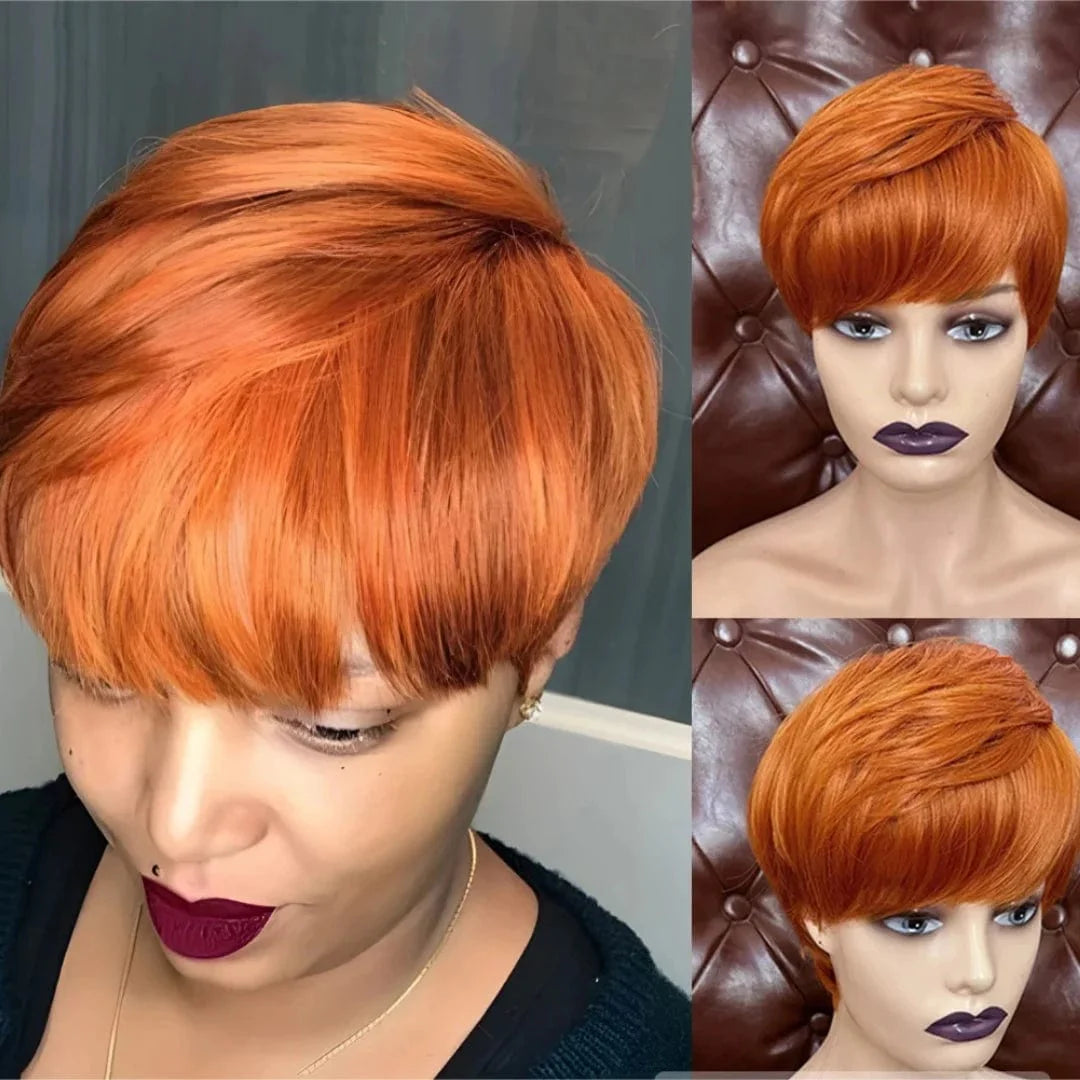 Lolely Dream Ginger Orange short pixie cut bob wig with bangs, human hair, full machine-made, showcasing vibrant color and style.