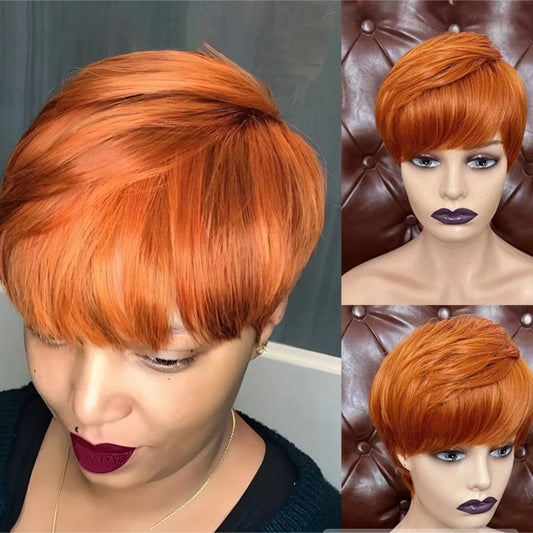 Ginger Color Short Peruvian Hair Wig with Bangs Orange Color full machine made Short Pixie Cut Bob Wig 100% Human Hair Wigs - SHOWLU FASHION STORE