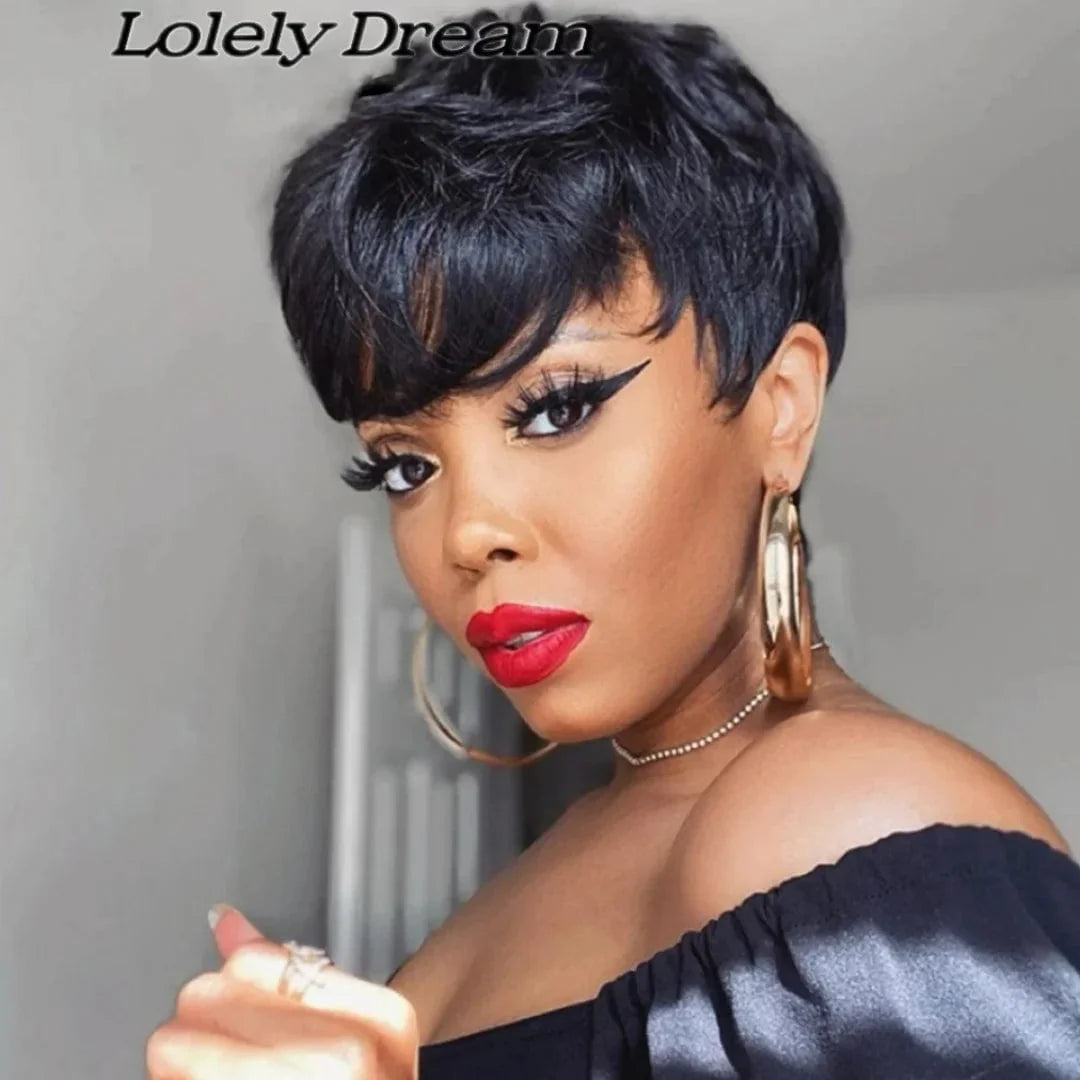 SHOWLU FASHION SHORT PIXIE CUT Bob wig in ginger-orange, featuring bangs and 100% human Peruvian hair, full machine-made style
