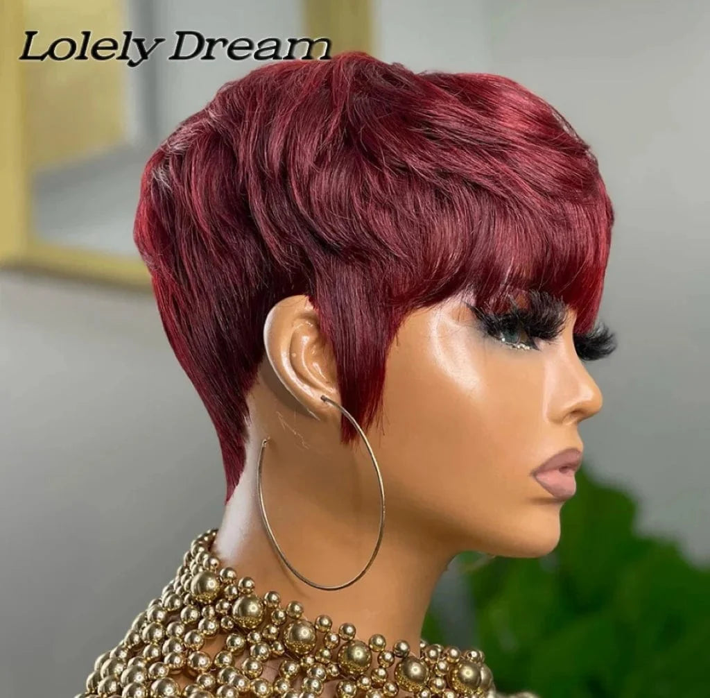 SHOWLU FASHION SHOWLU Lolely Dream Ginger Orange Short Pixie Cut Bob Human Hair Wig with Bangs, vibrant ginger color, full machine-made style
