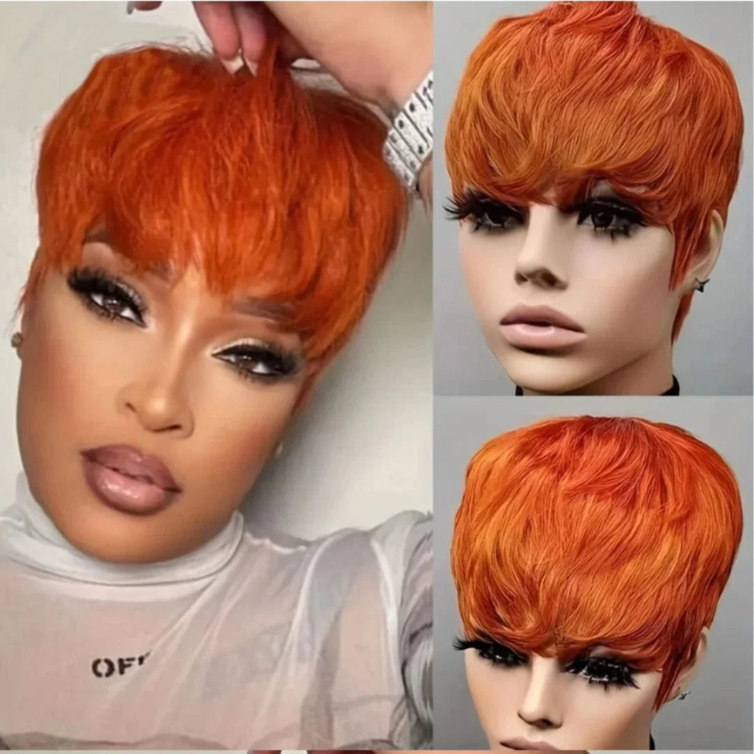 SHOWLU FASHION SHORT PIXIE CUT Bob wig in ginger-orange color with bangs, made from 100% human Peruvian hair, full machine-made.