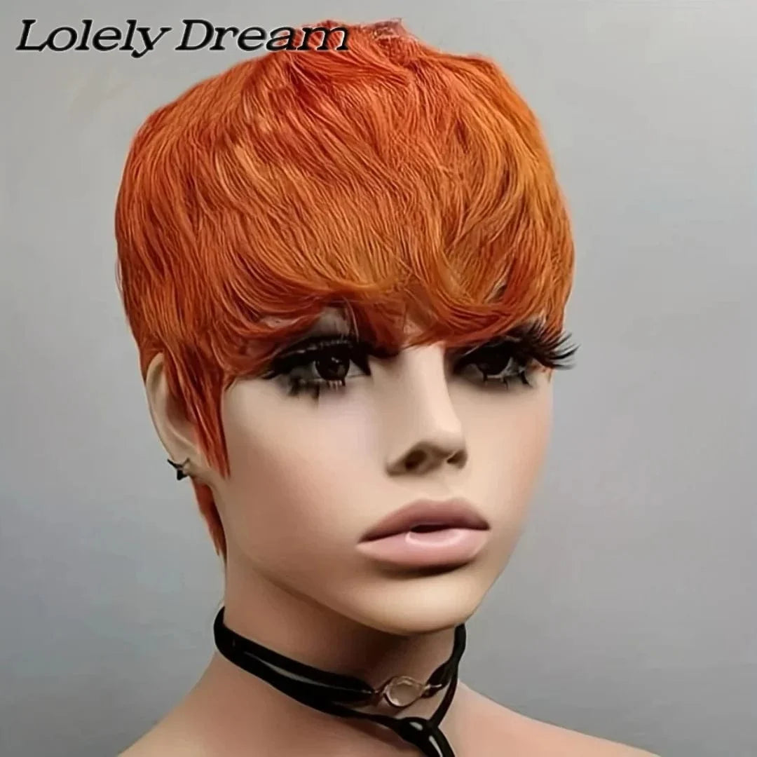Ginger-orange short pixie cut bob wig with bangs, made from 100% human hair, featuring a full machine-made design for a stylish look.