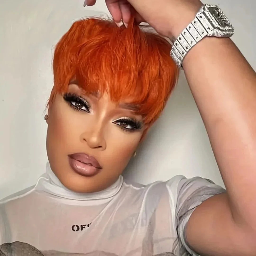 SHOWLU FASHION STORE Lolely Dream Ginger Orange Short Pixie Cut Bob Human Hair Wig with Bangs, vibrant ginger color, full machine-made style