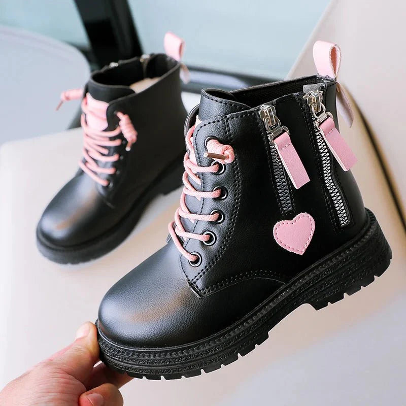 Pink heart ankle boots for girls by SHOWLU FASHION STORE, featuring a double zipper, non-slip sole, and stylish kids' fashion design.