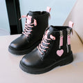 Pink heart ankle boots for girls from SHOWLU FASHION STORE, featuring double zip, non-slip sole, and stylish kids’ fashion footwear.