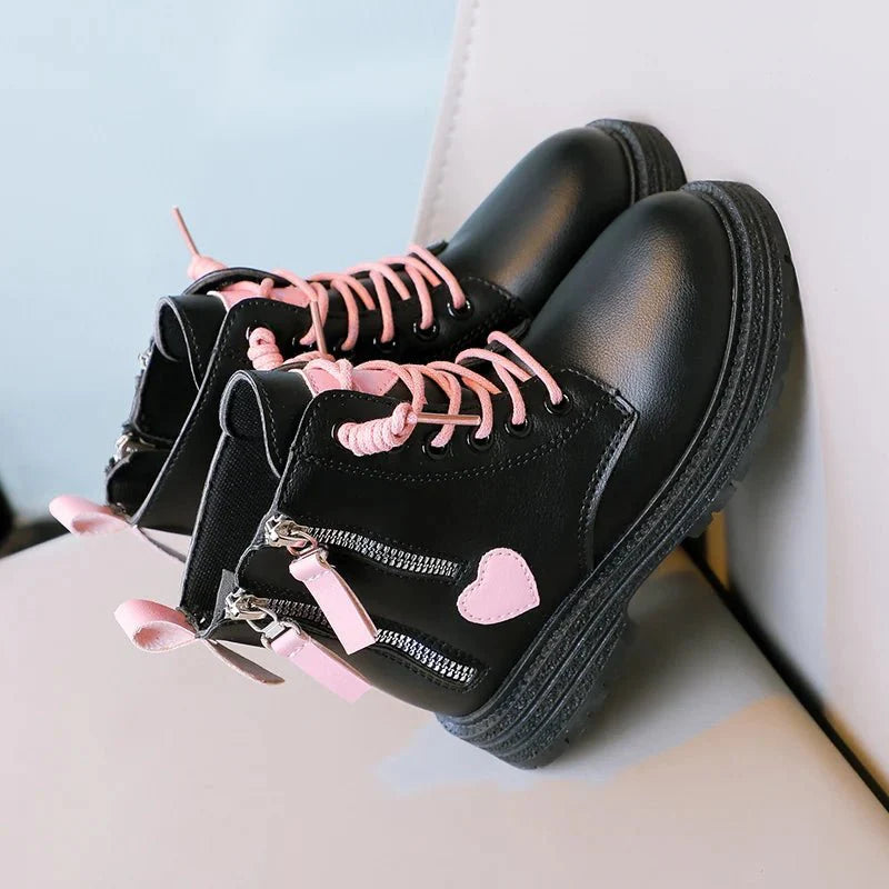 Pink heart ankle boots for girls by SHOWLU FASHION STORE, featuring double zippers and non-slip soles for kids' stylish safety.