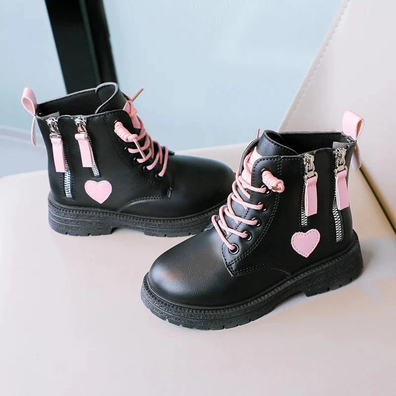 Pink heart ankle boots for girls by SHOWLU FASHION STORE, non-slip kids shoes with double zippers, perfect for children’s fashion.