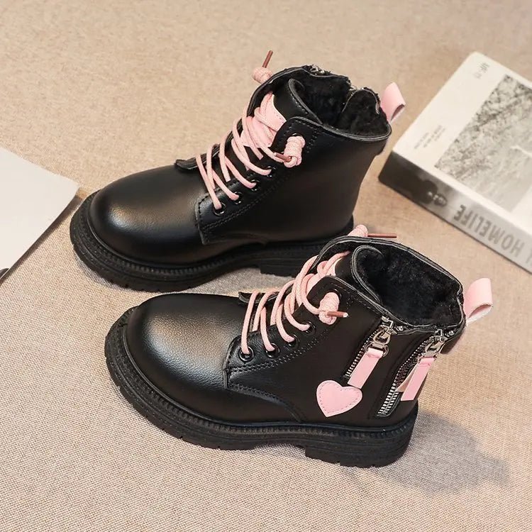 Pink heart ankle boots for girls by SHOWLU FASHION STORE, featuring double zippers and non-slip soles, size 26-37.