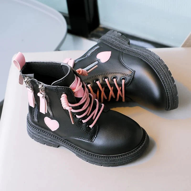 Pink heart ankle boots for girls by SHOWLU FASHION STORE, featuring non-slip soles, double zipper, and stylish kids' fashion footwear.