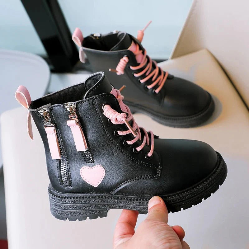 Pink heart ankle boots for girls by SHOWLU FASHION STORE, featuring double zips and non-slip soles for kids' fashion and safety.