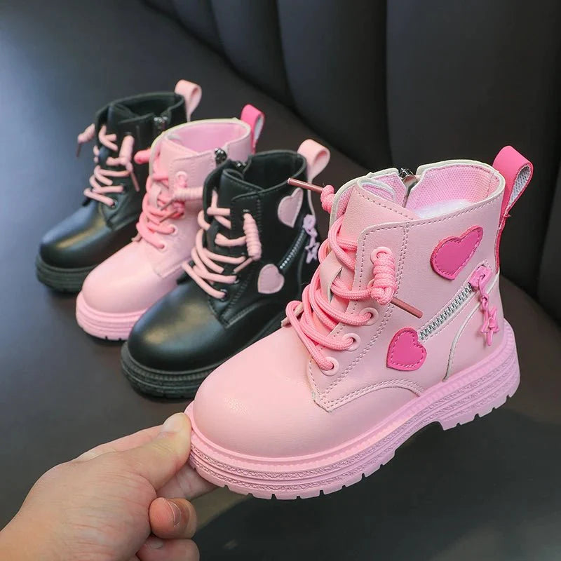 Girls pink winter fashion boots with soft cotton sole, side zipper, round toe, and stylish rubber design by SHOWLU FASHION STORE