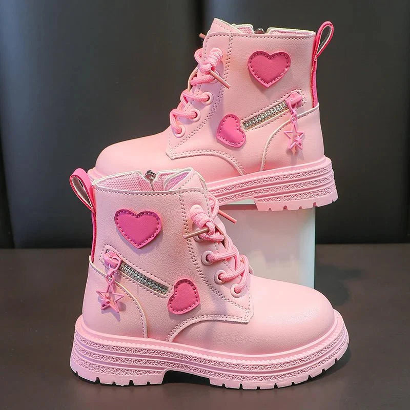 Girls pink fashion boots by SHOWLU FASHION STORE with cotton soft sole, side zipper, princess round toe, perfect for winter.