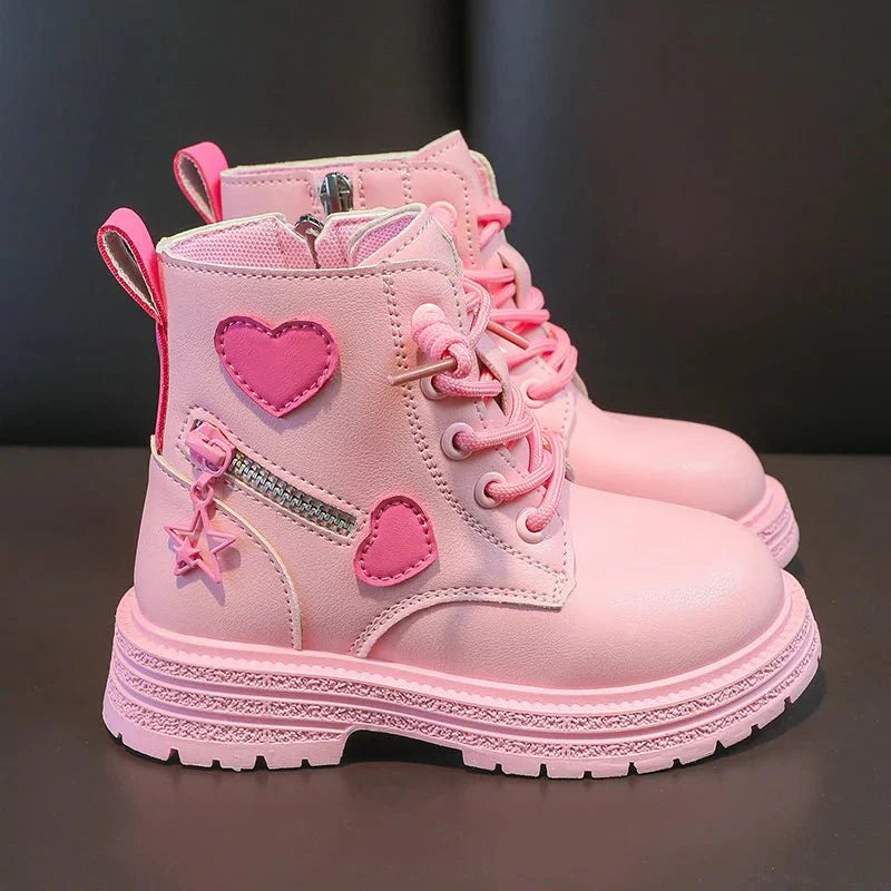Girls pink fashion boots by SHOWLU FASHION STORE with soft sole, cotton lining, side zipper, princess round toe, perfect for winter.