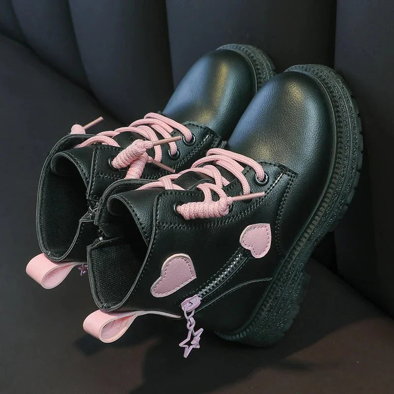 Girls pink fashion boots by SHOWLU FASHION STORE, winter cotton soft sole PU shoes with side zipper, princess round toe, stylish kids' footwear.