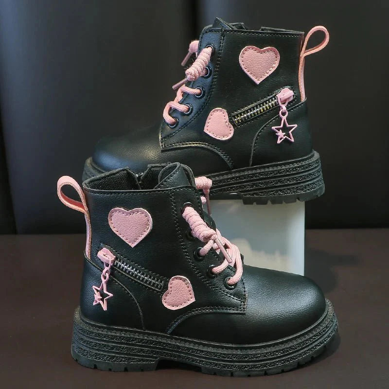 Girls pink fashion boots by SHOWLU FASHION STORE with soft cotton sole, side zip, princess round toe, perfect for winter and autumn.