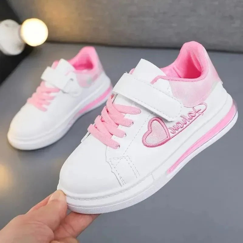 White skate shoes for girls by MINISO, kids' school sneakers with heart embroidery, casual sports shoes for children.