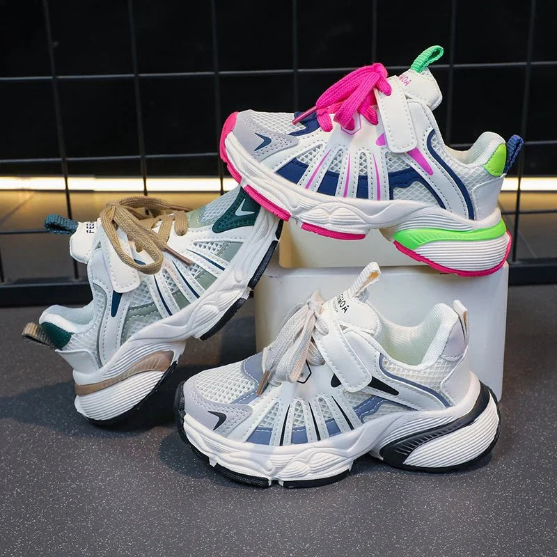 Showlu Girls color block mesh sneakers with breathable fabric, chunky non-slip soles, lace-up design, ideal for kids' outdoor activities