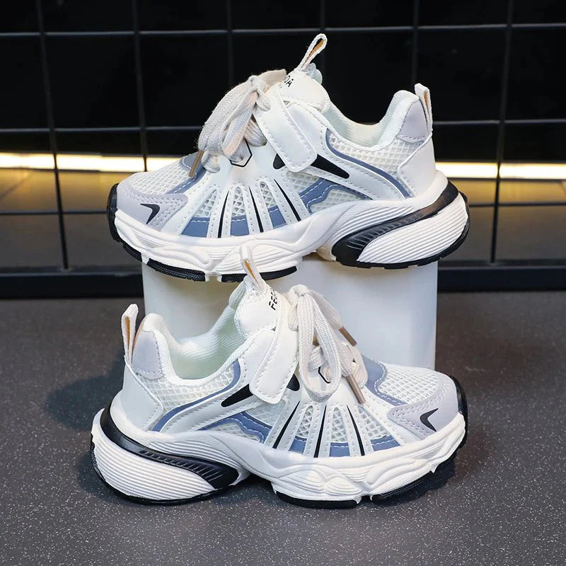 Showlu girls' color block mesh sneakers with breathable fabric, chunky sole, lace-up design, non-slip outsole, ideal for outdoor play.