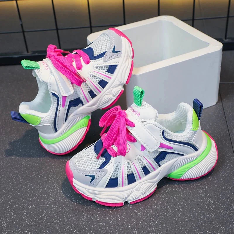 Showlu Girls color block mesh sneakers with breathable design, non-slip chunky soles, lace-up style, perfect for outdoor activities.