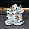 Showlu Girls color block mesh sneakers with breathable, non-slip chunky soles and lace-up design for outdoor activities.