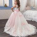 Girls lace tulle prom gown by Showlu Fashion Store, sleeveless formal wedding party dress with elegant lace and flowing tulle skirt.