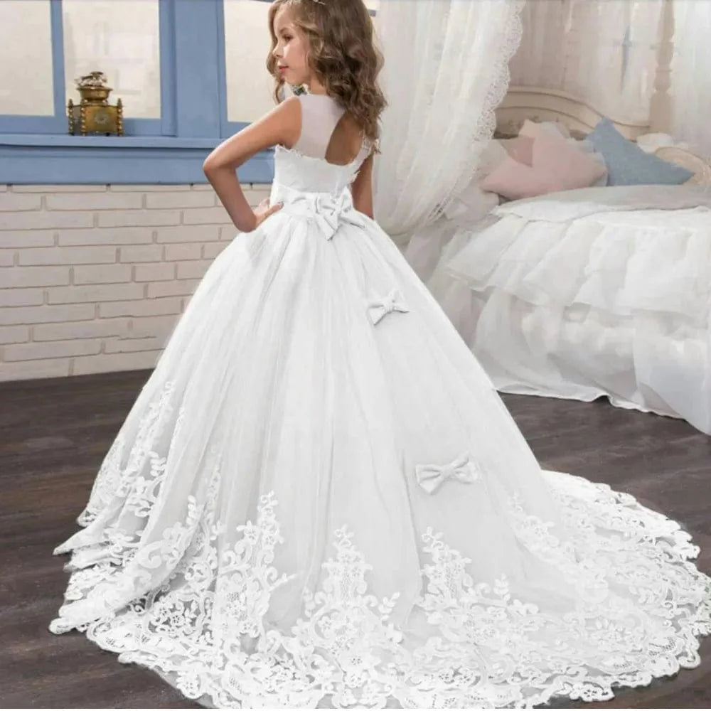 Girls lace tulle prom gown by Showlu Fashion Store, sleeveless formal wedding party dress with elegant long lace design for teens and kids.