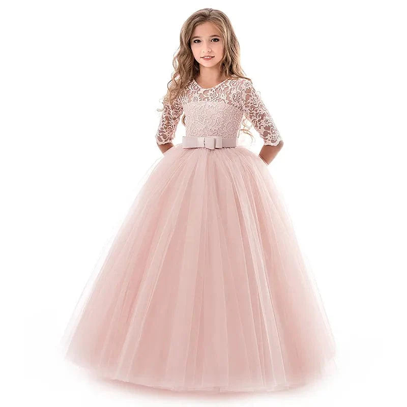 Girls lace tulle prom gown by Showlu Fashion with sleeveless design, perfect for formal weddings, parties, and special occasions.
