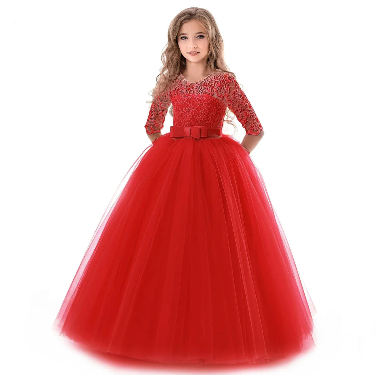 Girls lace tulle prom gown by Showlu Fashion, sleeveless formal wedding party dress with elegant long lace design for special occasions.