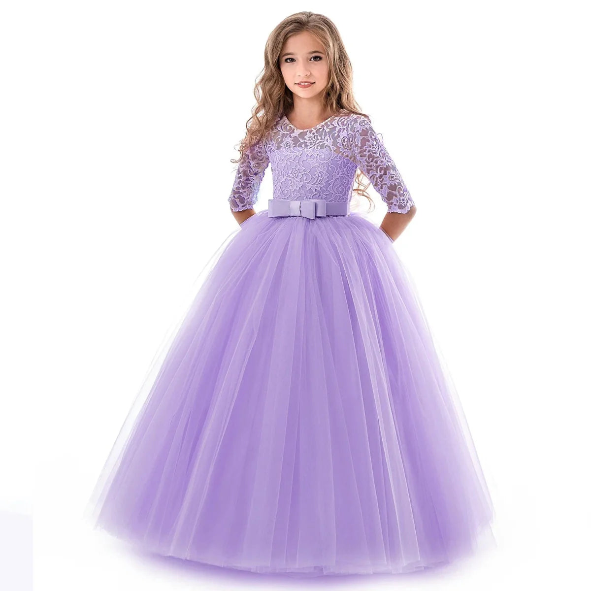 Girls lace tulle prom gown by Showlu Fashion Store, sleeveless formal wedding party dress for teens and young girls.
