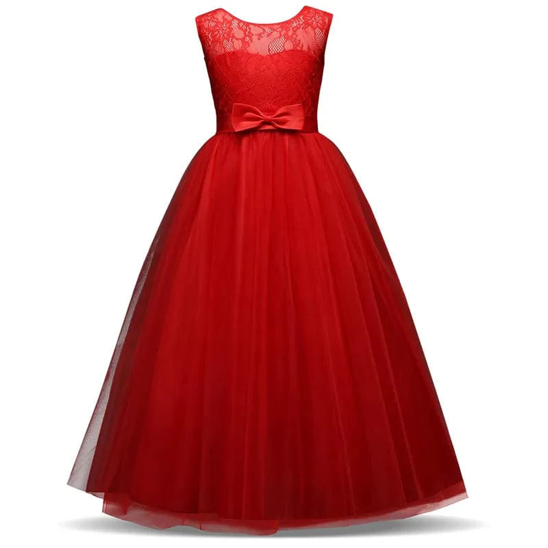 Girls lace tulle prom gown by Showlu Fashion, sleeveless formal wedding party dress for teens with elegant long lace design.