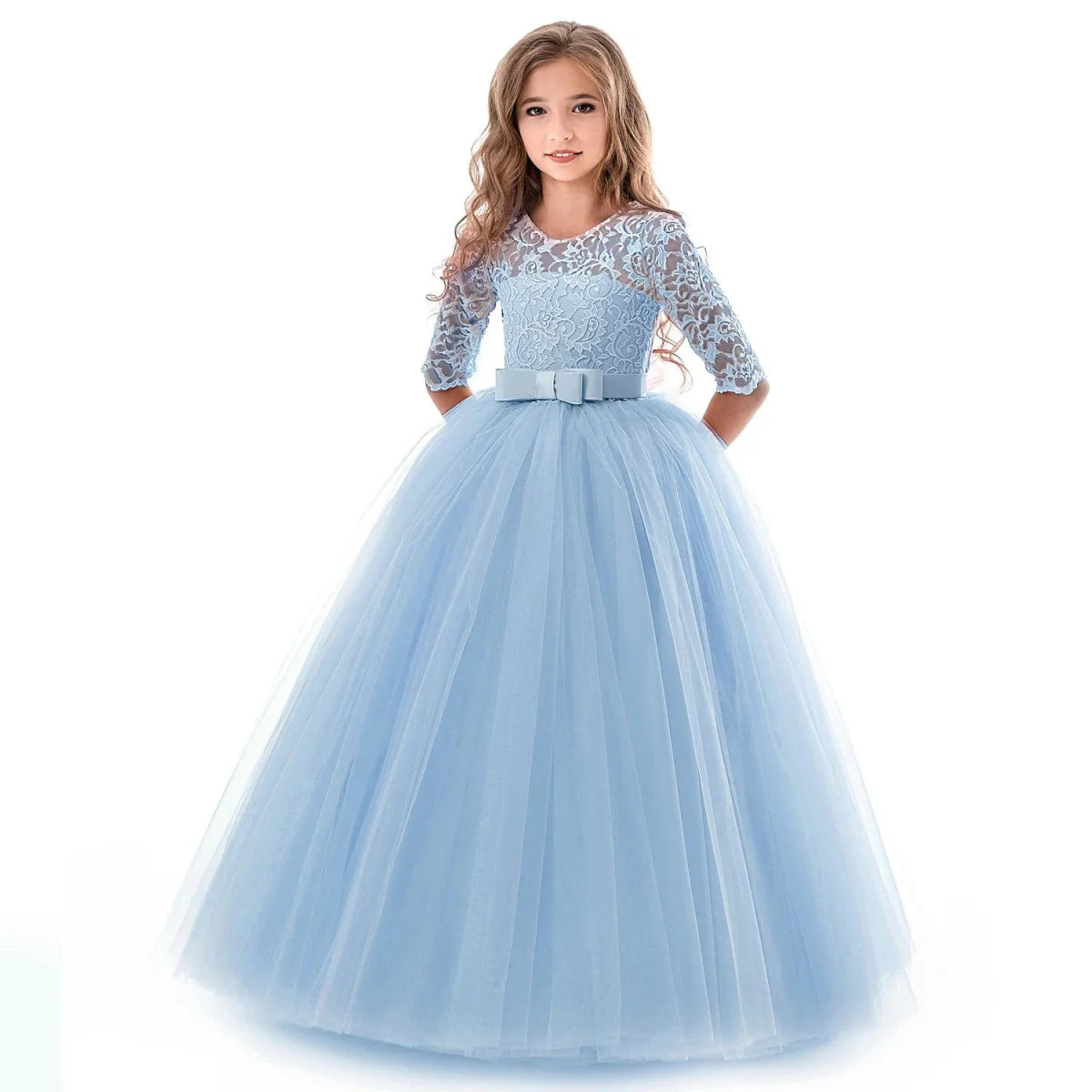 Girls lace tulle prom gown by Showlu Fashion Store featuring sleeveless design, elegant long dress for formal weddings and parties.