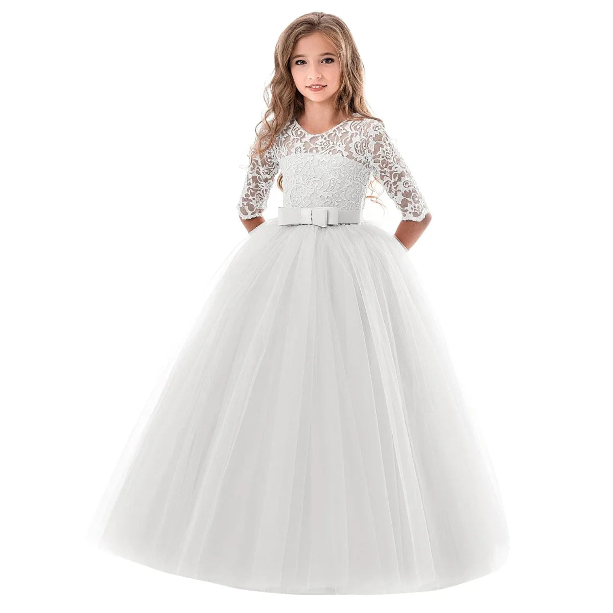 Girls' lace tulle prom gown by Showlu Fashion, sleeveless formal dress with elegant design for wedding or party occasions.