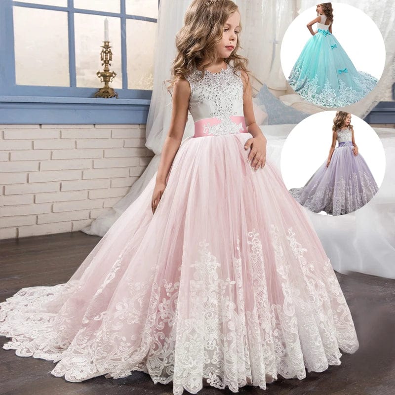 Girls lace tulle prom gown by Showlu Fashion, sleeveless formal dress with elegant design for wedding and party occasions.