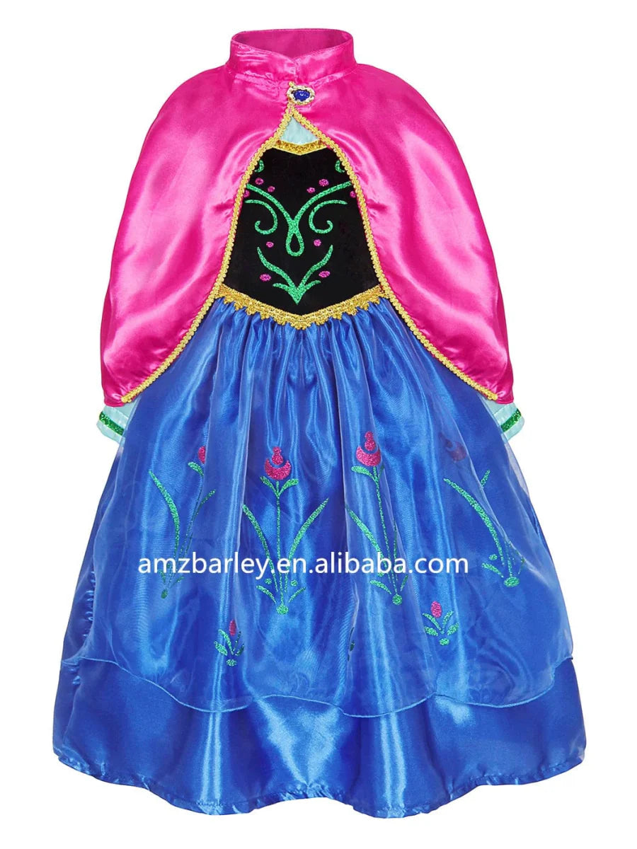 Anna girls' princess cosplay dress with cloak and accessories, featuring a colorful costume for children’s birthday parties and dress-up.